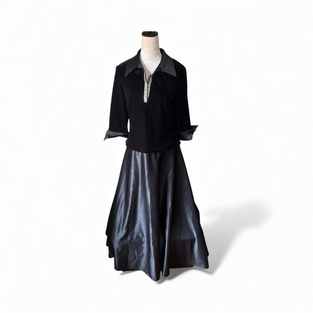 JS Collections Sz 14P Black Velvet Satin and Rhinestone A Line Maxi Formal Dress